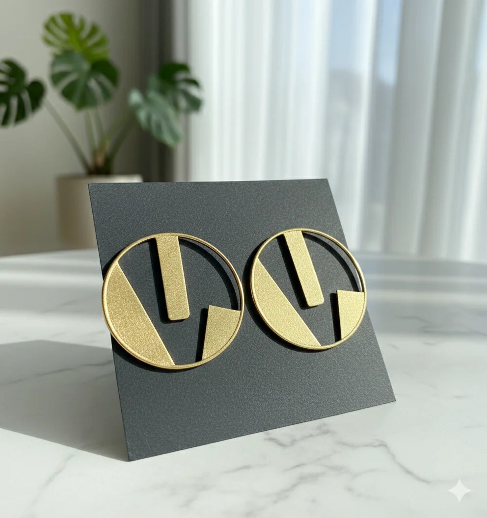 Gold round earrings with abstract vertical bars on dark backing board
