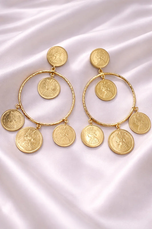 Gold coin hoop statement earrings with multiple dangling coin charms, set of two