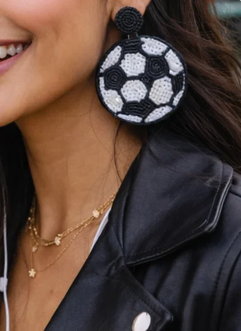 Round beaded soccer ball earring with black post, black and white pattern