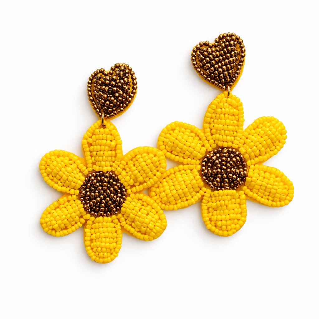 Pair of yellow beaded sunflower drop earrings with dark heart bead stud tops