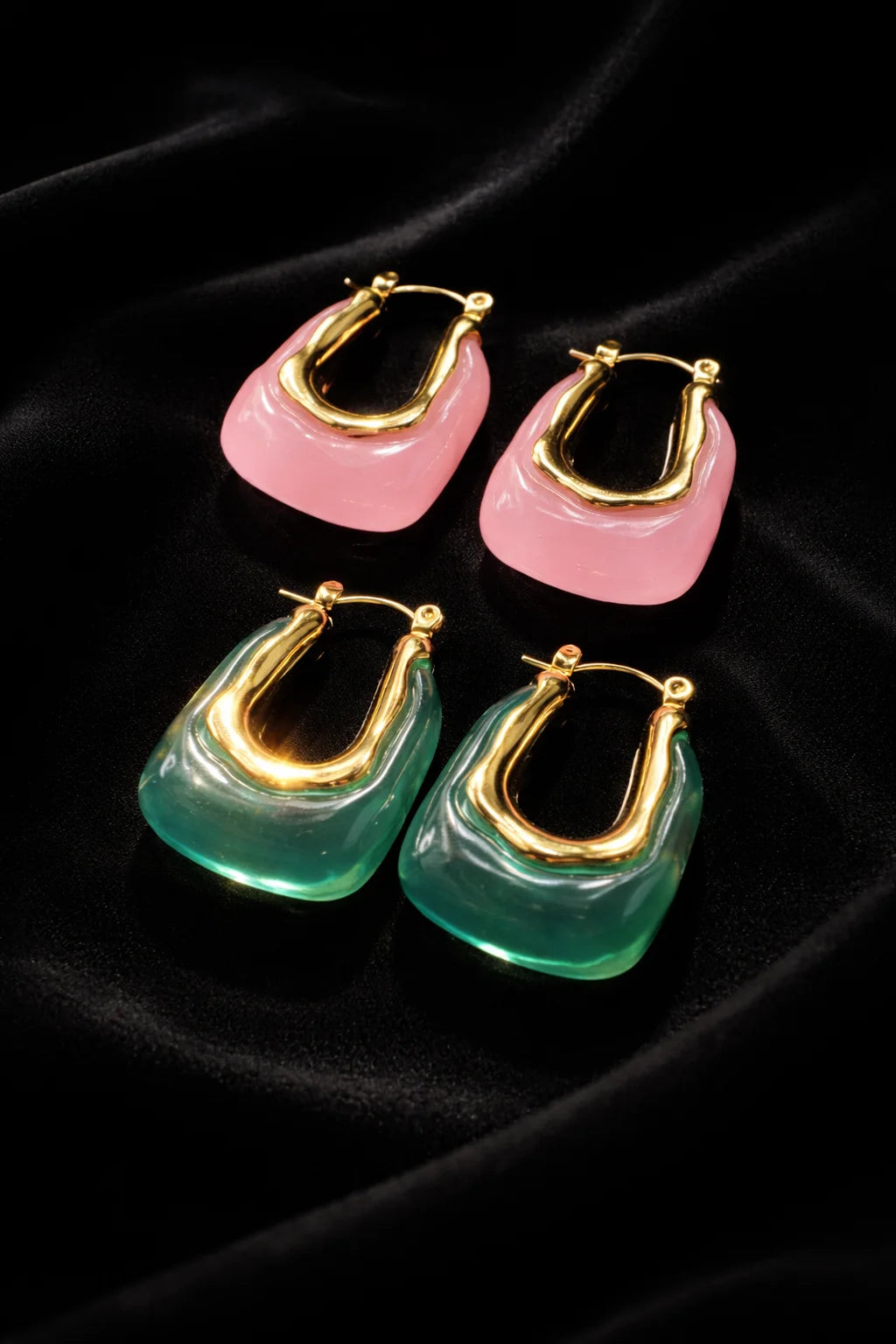 Pink and green enamel half-moon hoop earrings with gold-tone frames