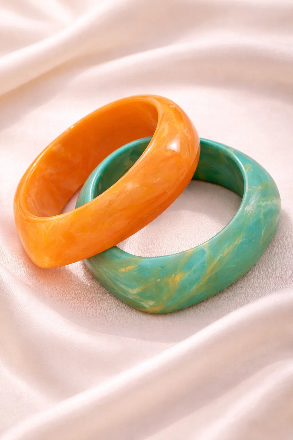 Glossy resin kada set with turquoise and orange marbled wide bangles
