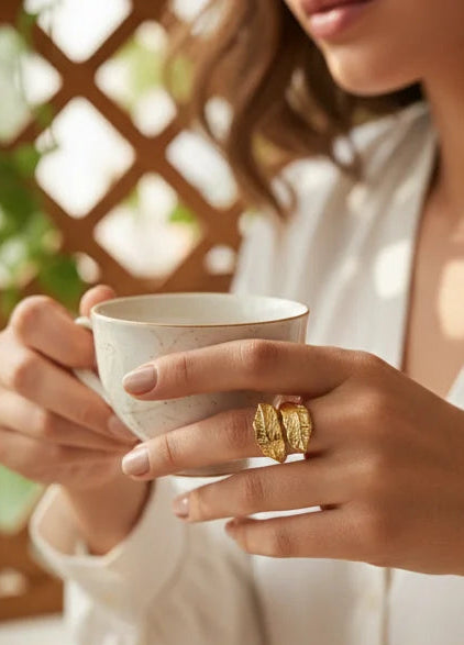 Leaf Affair ring on finger, textured gold leaf pattern wide band