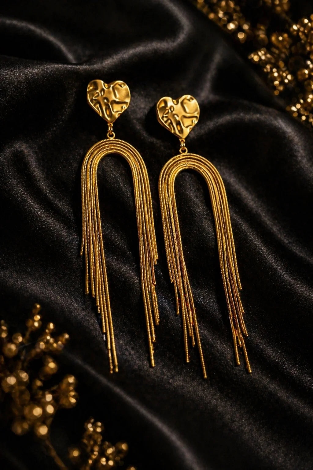 Pair of heart stud drop earrings with cascading chains, 18K gold plated