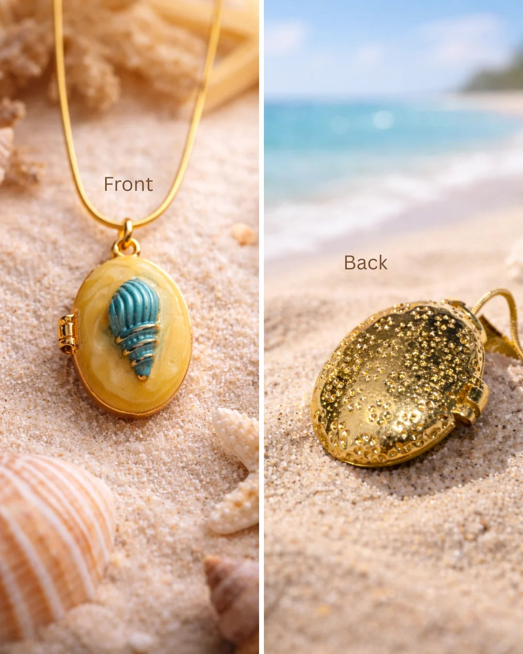 Reversible oval shell pendant on gold-tone necklace: blue inset front, glitter back
