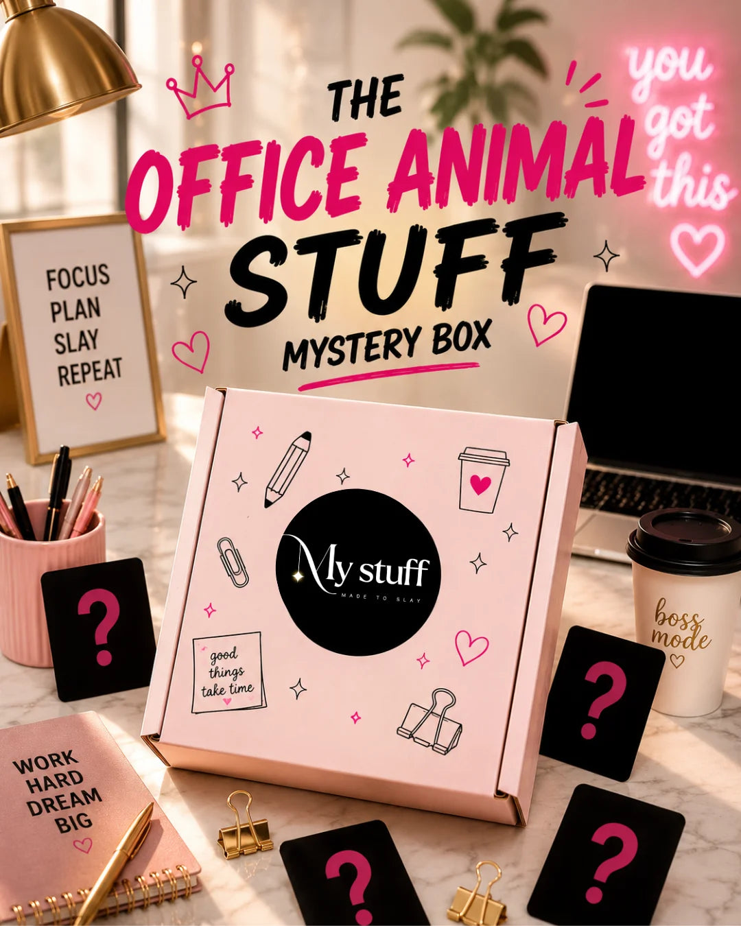 Mystery box gift with pink 'My stuff' text and black question marks