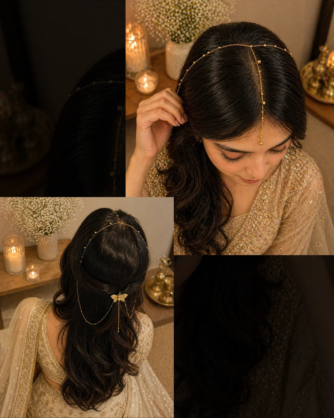 Backdrop chain hair accessory with gold-tone drape over low bun and back hair