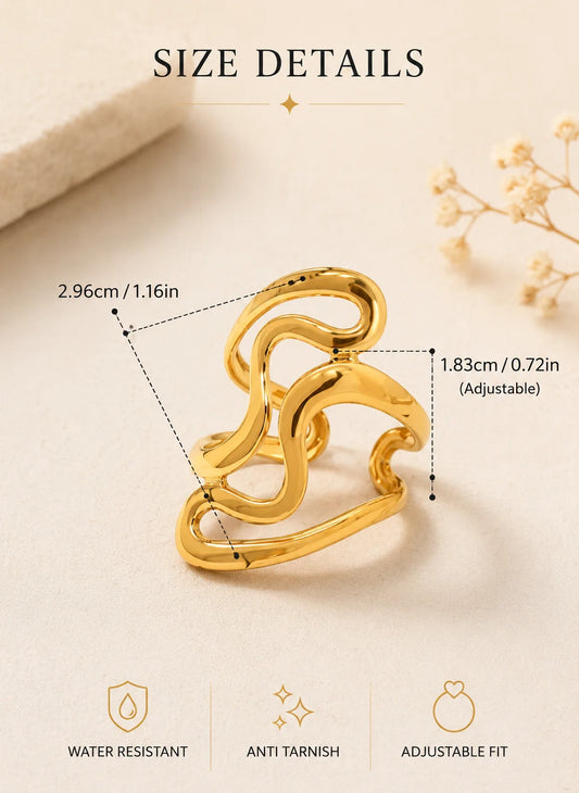 Gold-tone adjustable wavy linked open ring with size details
