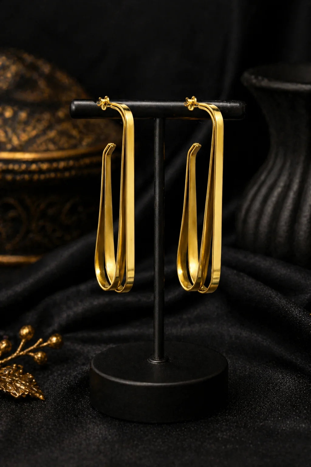 Gold-plated double U hoop earrings with small cross-like studs