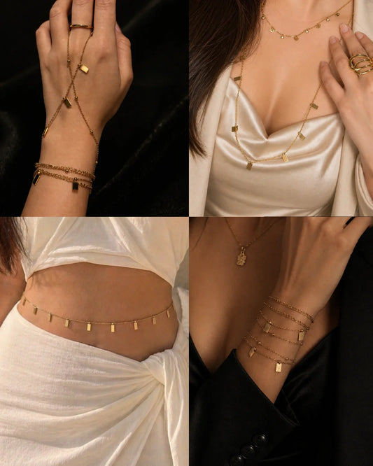 18K gold-plated multi-wear chain with small bar and square charms, layered on wrist