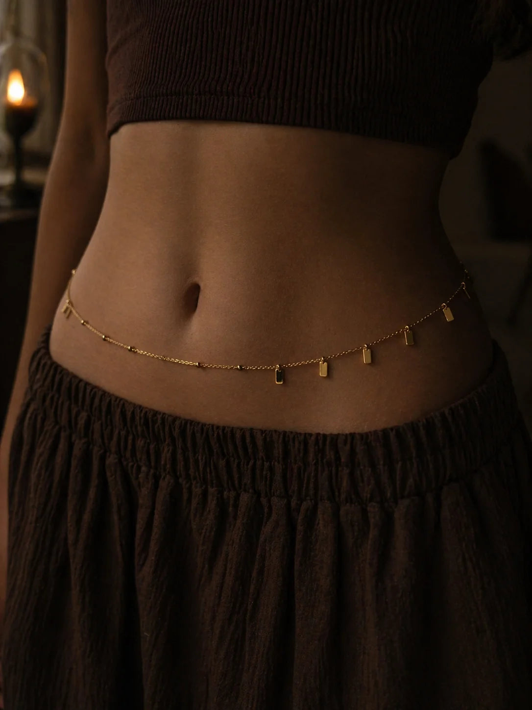 18K gold-plated multi-wear chain belt with bar charms across the waist
