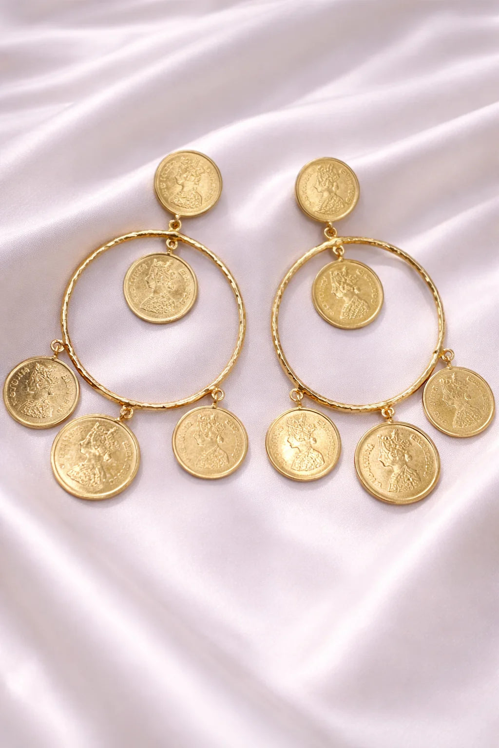 Gold coin hoop statement earrings with multiple dangling coin charms, set of two