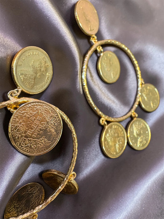 Gold coin medallion statement earrings with hoop and dangling charm coins
