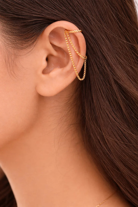 Gold chain drop ear cuff wrapped on ear with long linked strands