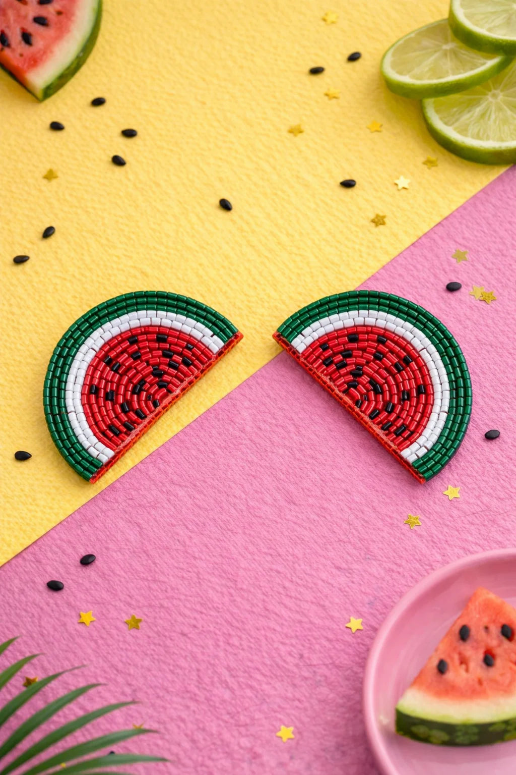 Watermelon beaded earrings with red and green slice bead design