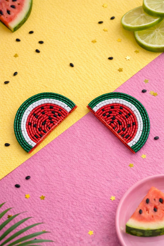 Watermelon slice beaded earrings with green, white, and red bead detail