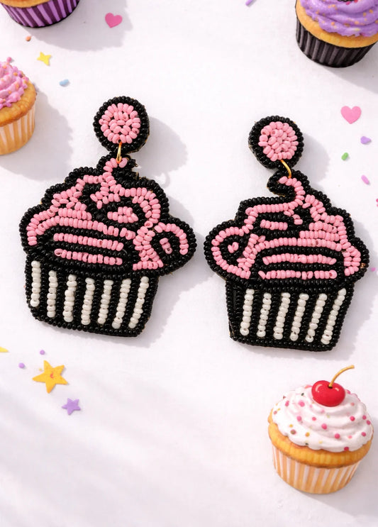 Pair of beaded cupcake dangle earrings with pink frosting and black beadwork
