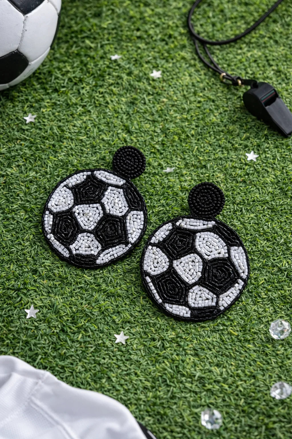 Beaded soccer ball earrings, black and white circular dangle with black posts