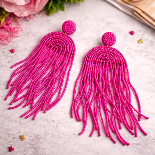 Pink long beaded tassel earrings with round stud tops