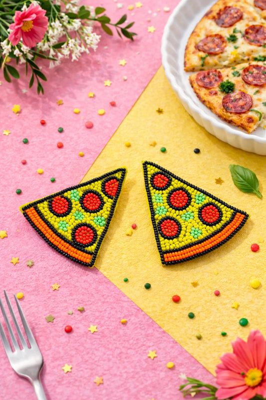 Beaded pizza-slice earrings with red, yellow, and green bead details, triangular