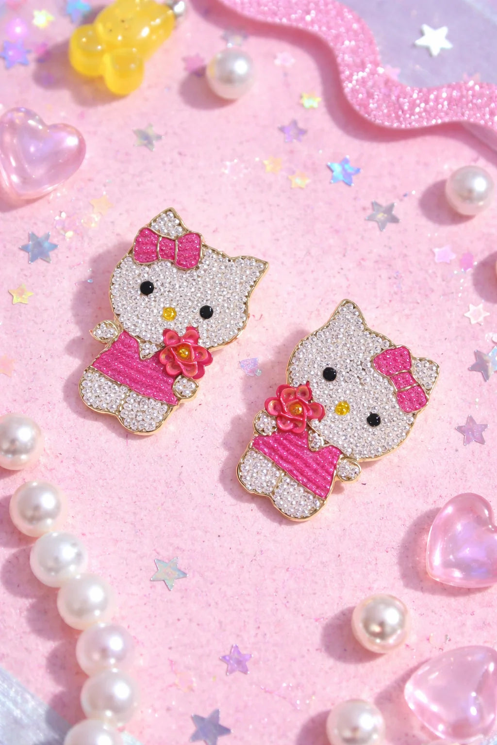 Glittery beaded kitty cat drop earrings with pink bow and heart accents