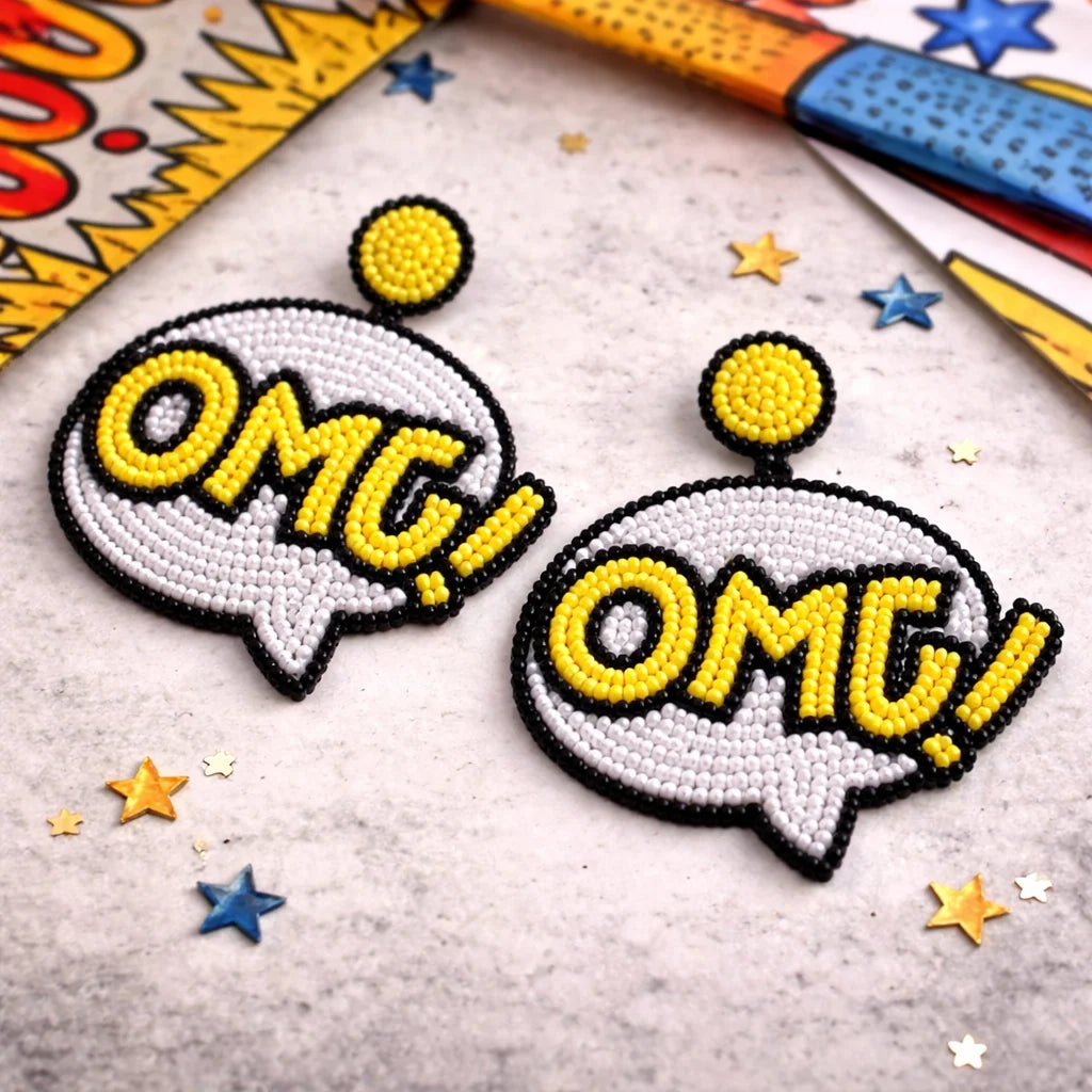 Beaded OMG pop art speech-bubble earrings with yellow studs, white and black beads