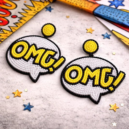 Beaded OMG pop art speech-bubble earrings with yellow studs, white and black beads