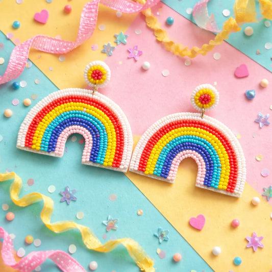 Rainbow beaded earrings: large rainbow arc drops with small bead stud tops.