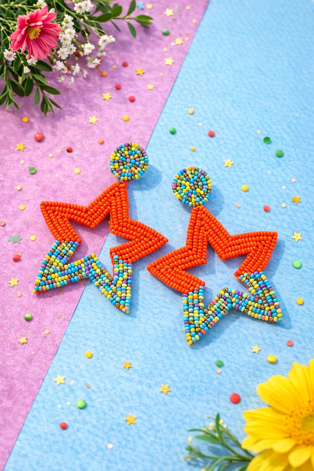 Beaded starfish earrings with round bead top and orange starfish with blue accents