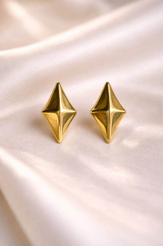 Rhombusy earrings, gold-tone rhombus stud with faceted star shape