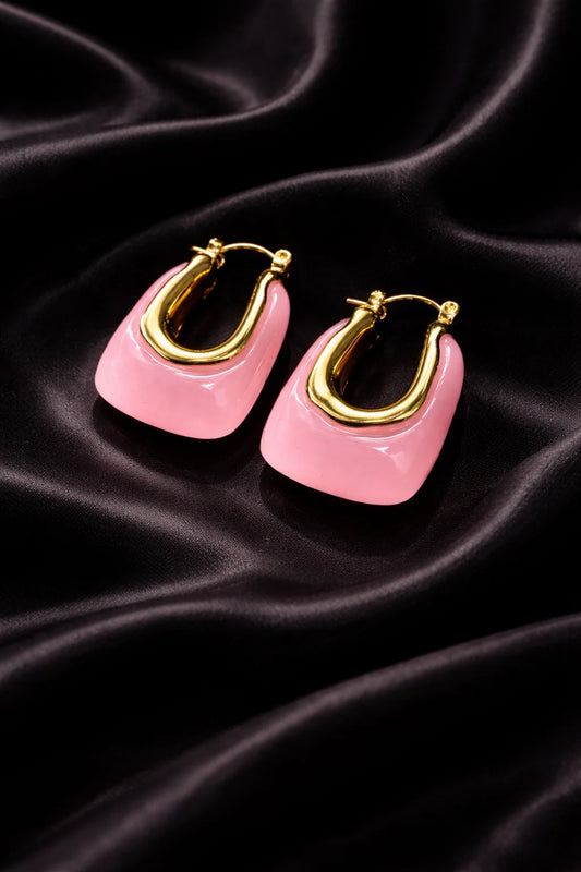 Gold hoop earrings with soft pink glossy drop fronts