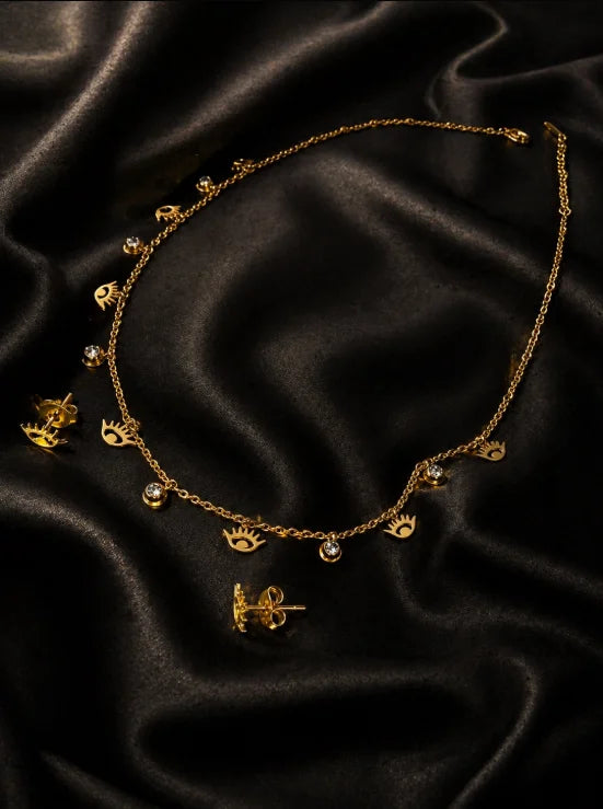 18K gold-plated charm necklace with small stud earrings, gold tone