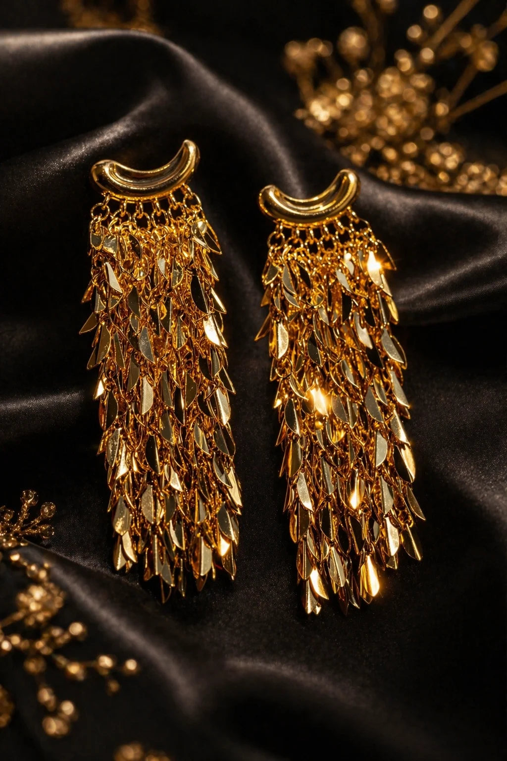 Gold-tone long drop earrings with layered fringe and scalloped top hoops