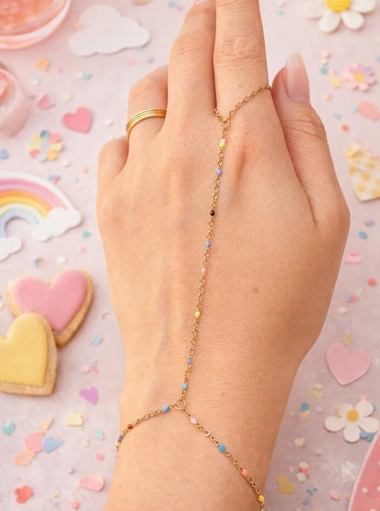 Gold-tone hand chain with multicolor bead strand and small round clasp