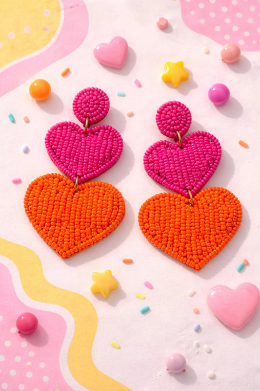 Beaded heart earrings with pink and orange hearts and round tops