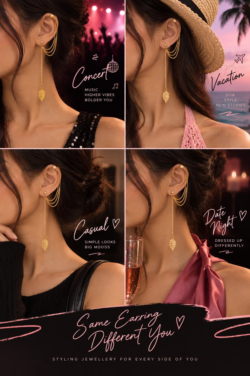 Gold leaf ear cuff with multiple linked hoops and hanging chain on ear