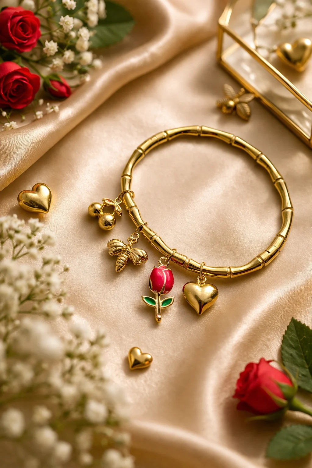 Gold bamboo kada bracelet with heart, tulip and red rose enamel charms