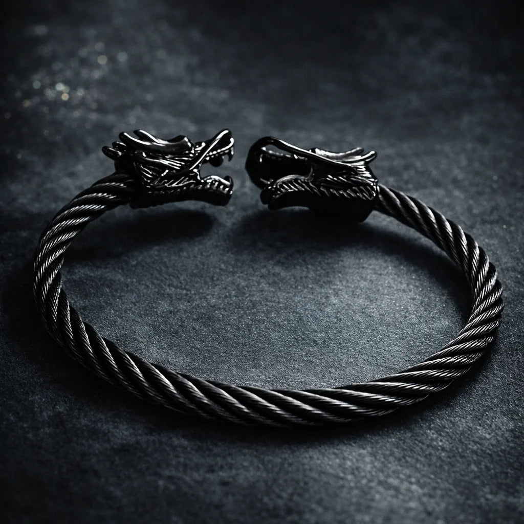Black metal dragon kada bracelet with braided rope and dragon head details