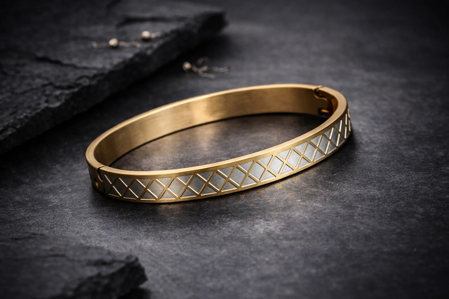 Gold-plated kada bangle with minimal lattice pattern on the band