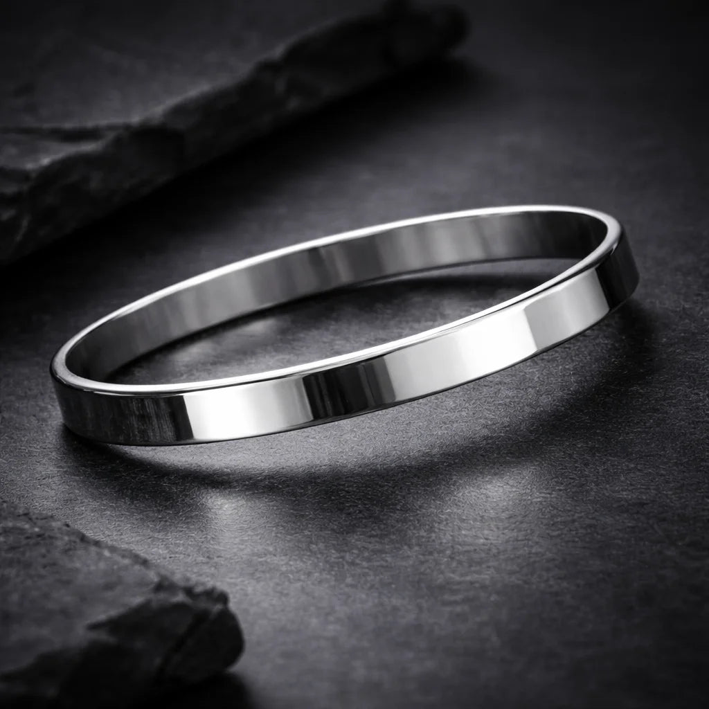 Polished stainless steel men's kada bracelet, wide smooth bangle with glossy finish