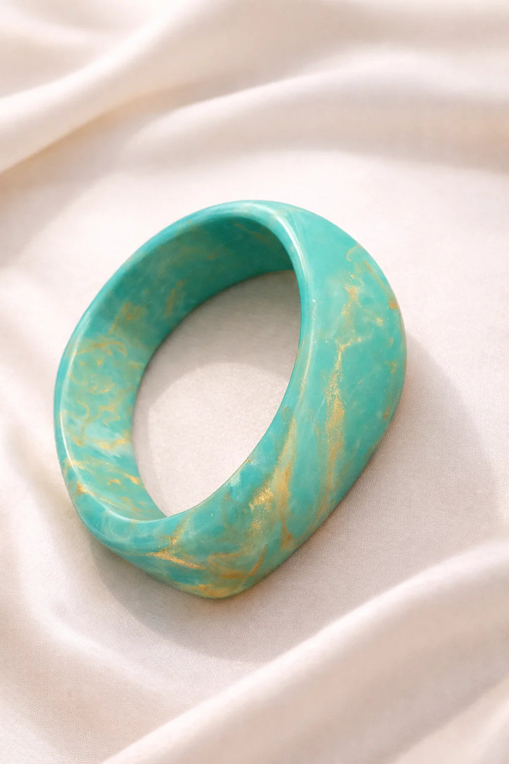 Glossy turquoise resin kada with marbled texture, wide open bangle