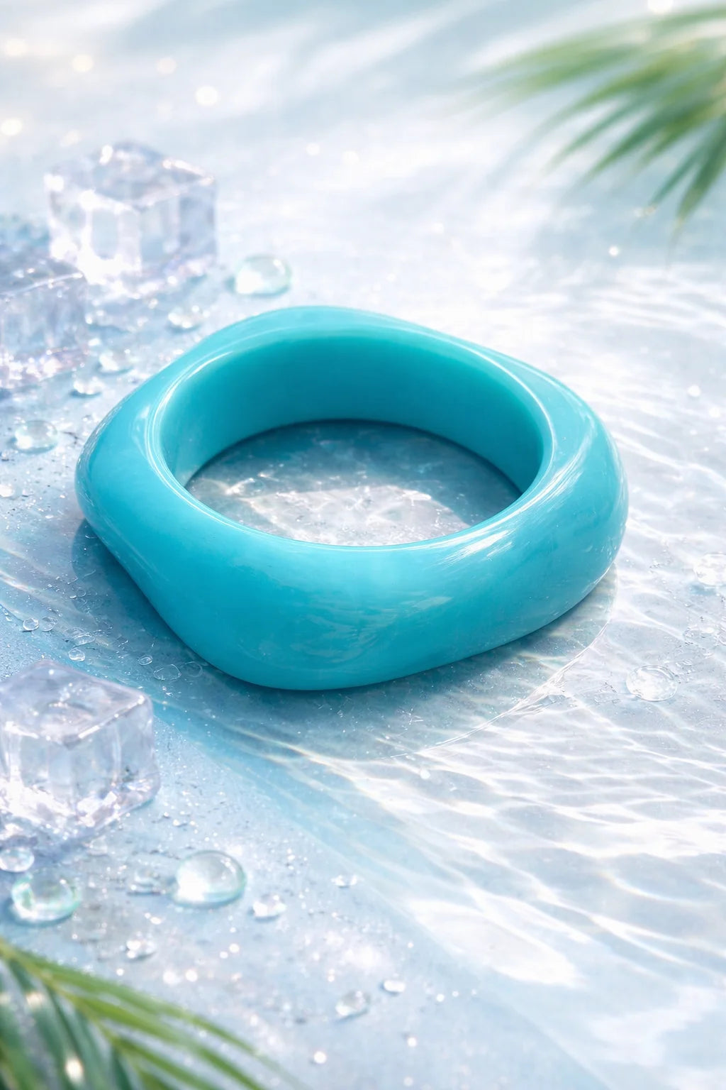 Sky blue resin bangle, wide rounded cuff with glossy finish