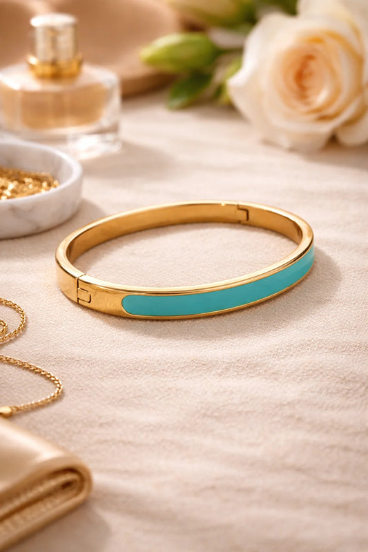 Gold-plated kada bangle with turquoise enamel inlay and rectangular clasp