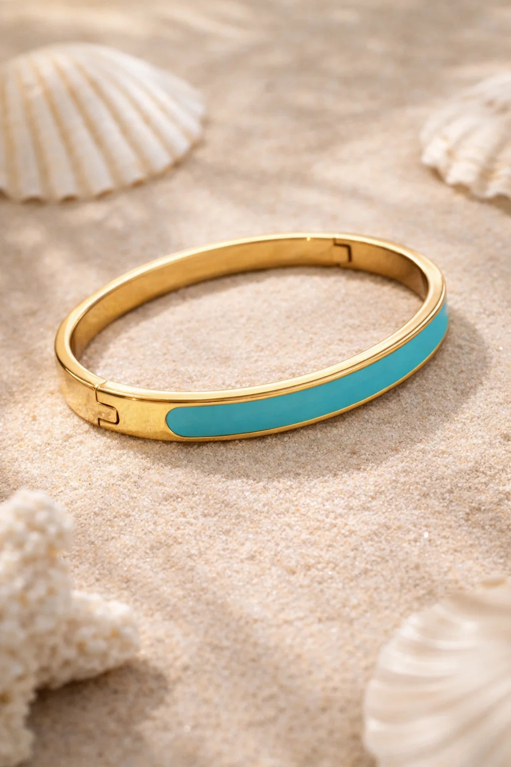 Gold-plated kada bangle with teal enamel stripe and square detail on band
