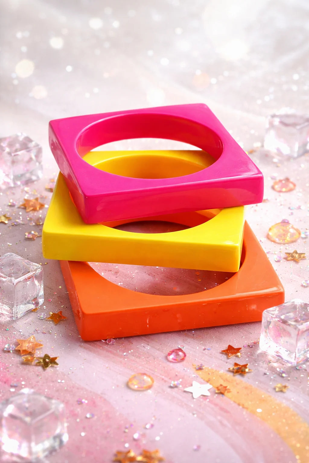 Stack of wooden kada bangles in pink, orange, and yellow with open centers