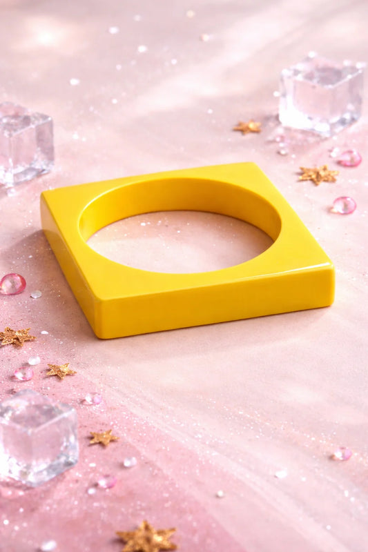 Neon yellow wooden kada bangle, smooth square profile with hollow center.