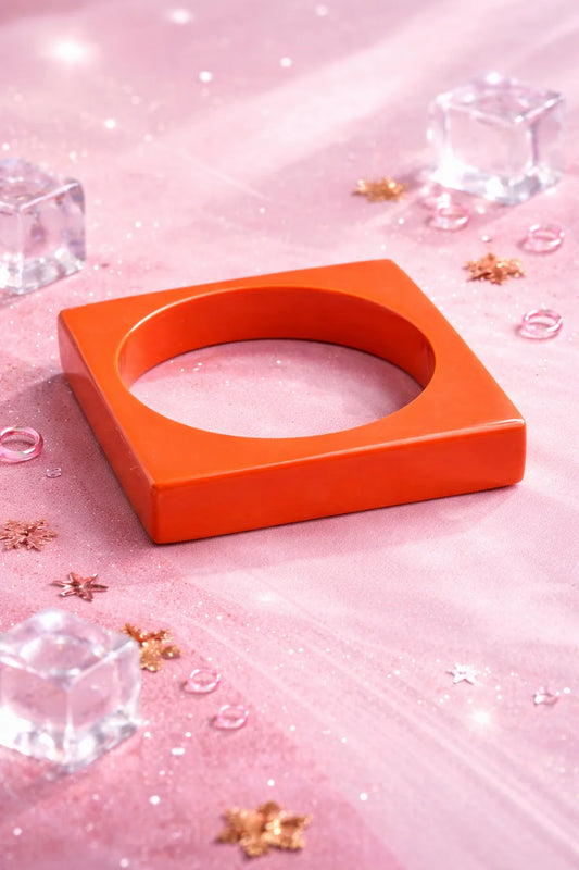 Neon orange wooden kada bracelet with round inner opening, flat square frame
