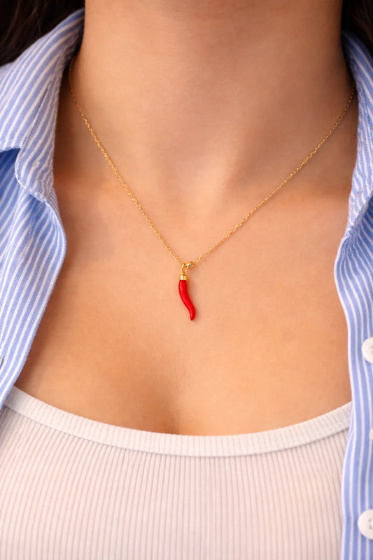Mirchi necklace with red chili pendant and delicate gold-tone chain