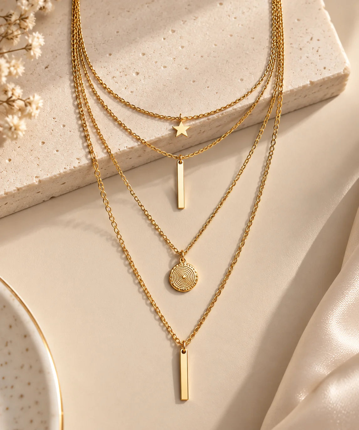 Gold-tone close-up layered necklace with star, two bar pendants, and round disc charm
