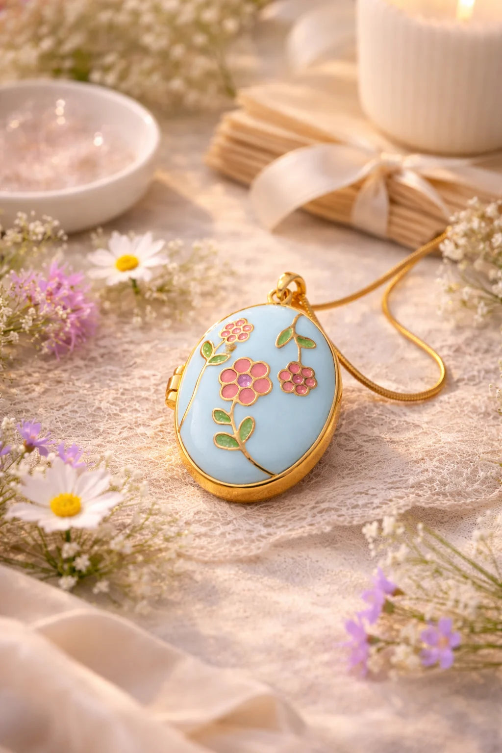 Gold oval locket necklace with blue enamel floral design and thin gold chain.